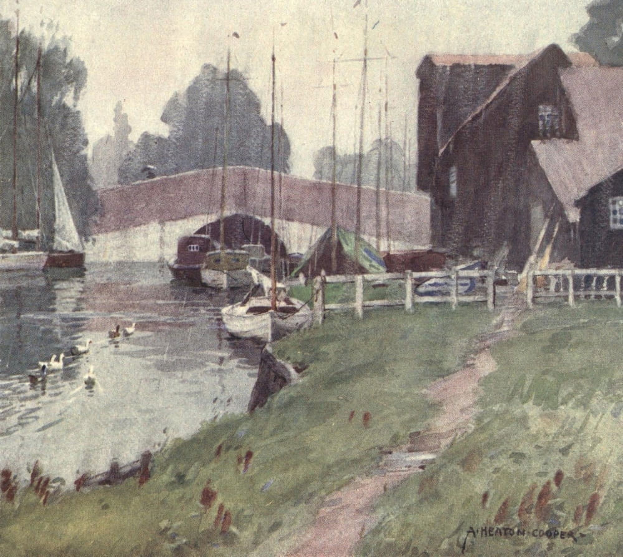 Norfolk & Suffolk 1921 Wroxham Bridge rainy day Canvas Art - Alfred Heaton Cooper (24 x 36)