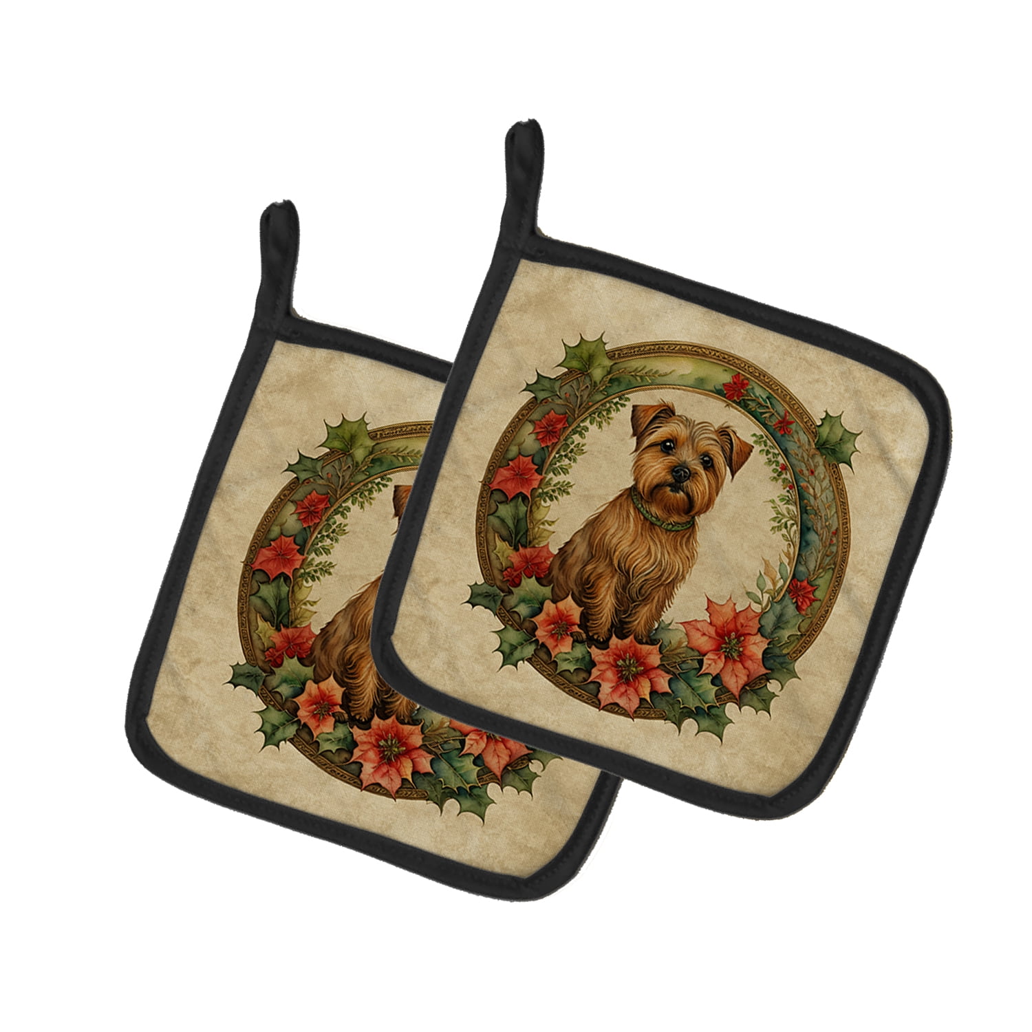 Norfolk Terrier Christmas Flowers Pair of Pot Holders 7.5 in x 7.5 in