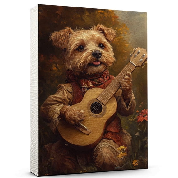 Norfolk Terrier Cute Dog Ukelele Stretched Canvas Size 8x12 – Retro Norfolk Terrier Dog Batter in Action With Ukelele for Themed Living Room