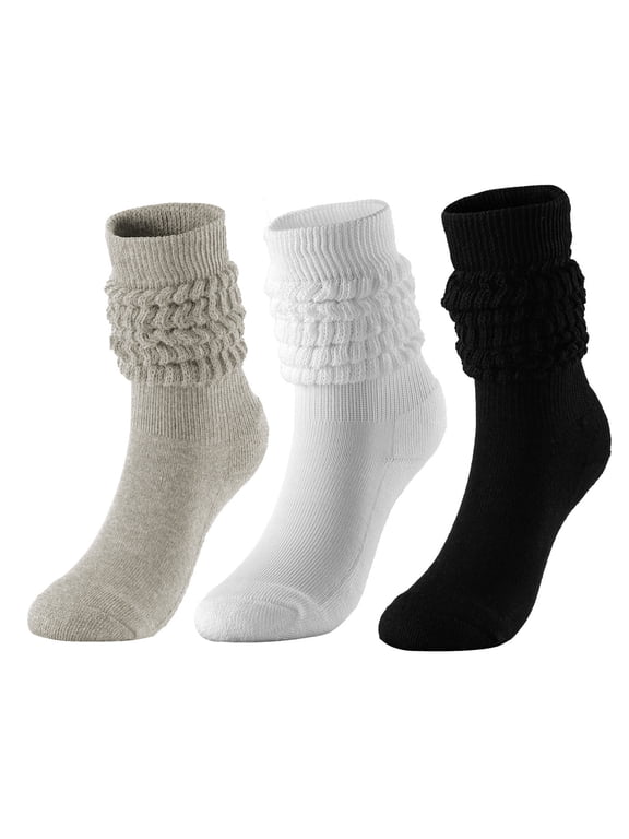 3 Pairs Women's Slouch Cuff Crew Socks Soft Stretchy Textured Mid Calf Socks, Casual Loose Stackable Breathable Knitted Socks