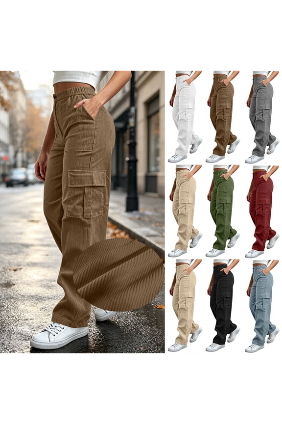 Cargo Wide Leg Pants for Women Button Zip Fly Elastic Waist Utility Trousers Relaxed Fit with Pockets