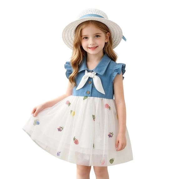 Noric Girls Denim Tulle Dresses with Matching Hat Sleeveless Print A-Line Princess Dresses for Little Grils Ages 1-3