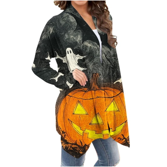 Noric Lightweight Cardigan for Women Halloween Print Plus Size Open‑Front Long Sleeve Casual Fall Holiday Party Daily Layering Cardigan