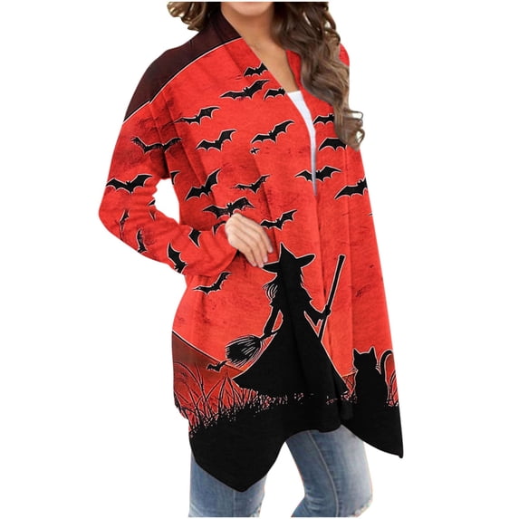Noric Lightweight Cardigan for Women Halloween Print Plus Size Open‑Front Long Sleeve Casual Fall Holiday Party Daily Layering Cardigan