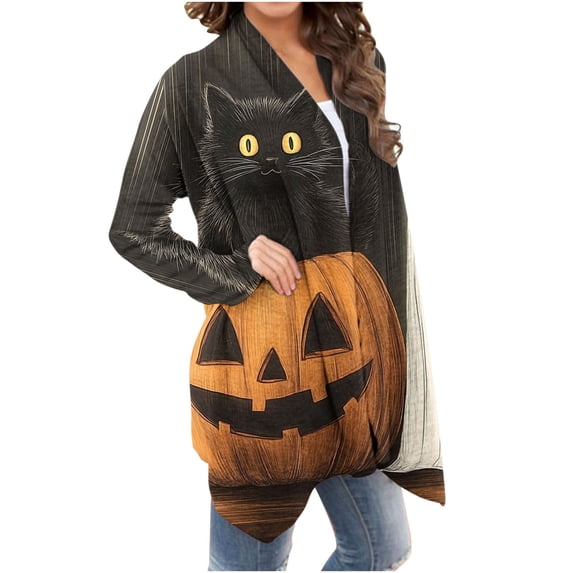 Noric Lightweight Cardigan for Women Halloween Print Plus Size Open‑Front Long Sleeve Casual Fall Holiday Party Daily Layering Cardigan
