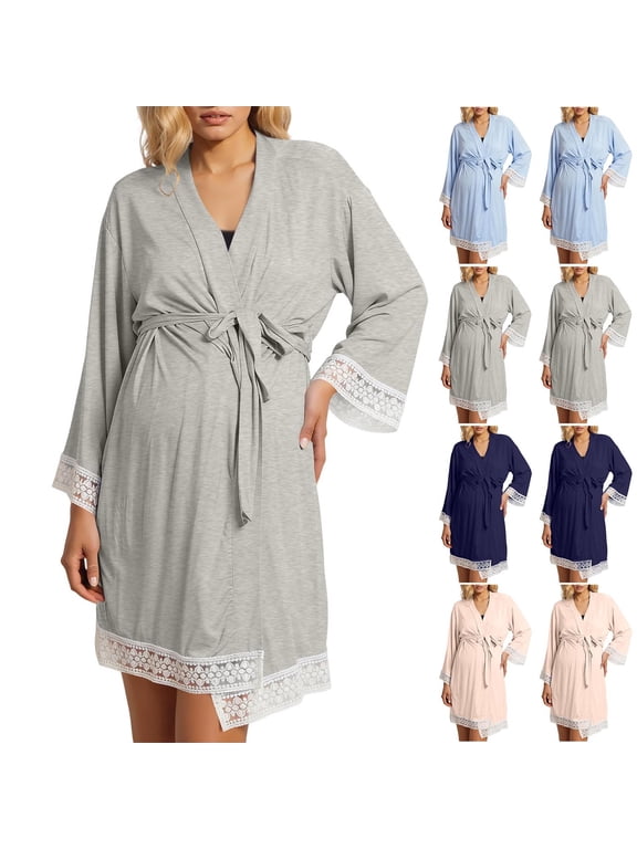 Maternity Robe Dresses 3/4 Sleeve V Neck Lace Trim Kimono Wrap with Sash Tie for Labor Delivery Breastfeeding Nursing Dresses