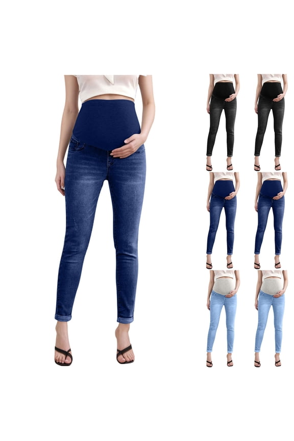 Maternity Skinny Jeans for Women High Waisted Over Bump Support Full Belly Coverage Cuffed Ankle Pockets Trousers