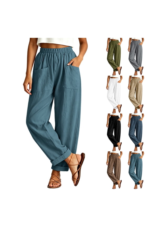 Women Cotton Pants Elastic High Waist Rolled Hem Ankle Pockets Loose Breathable Casual Lightweight Vacation Pants