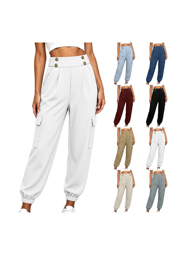 Women Double Button High Waist Cargo Jogger Pants Multi Pockets Ankle Cuffed Trousers Casual Loose Fit Outdoor Outings