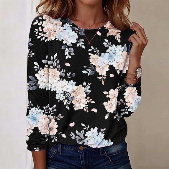 Noric Women Long Sleeve T-Shirt Loose Fit Casual Crew Neck Floral Print Fashion All Season Pullover Tops S-5XL