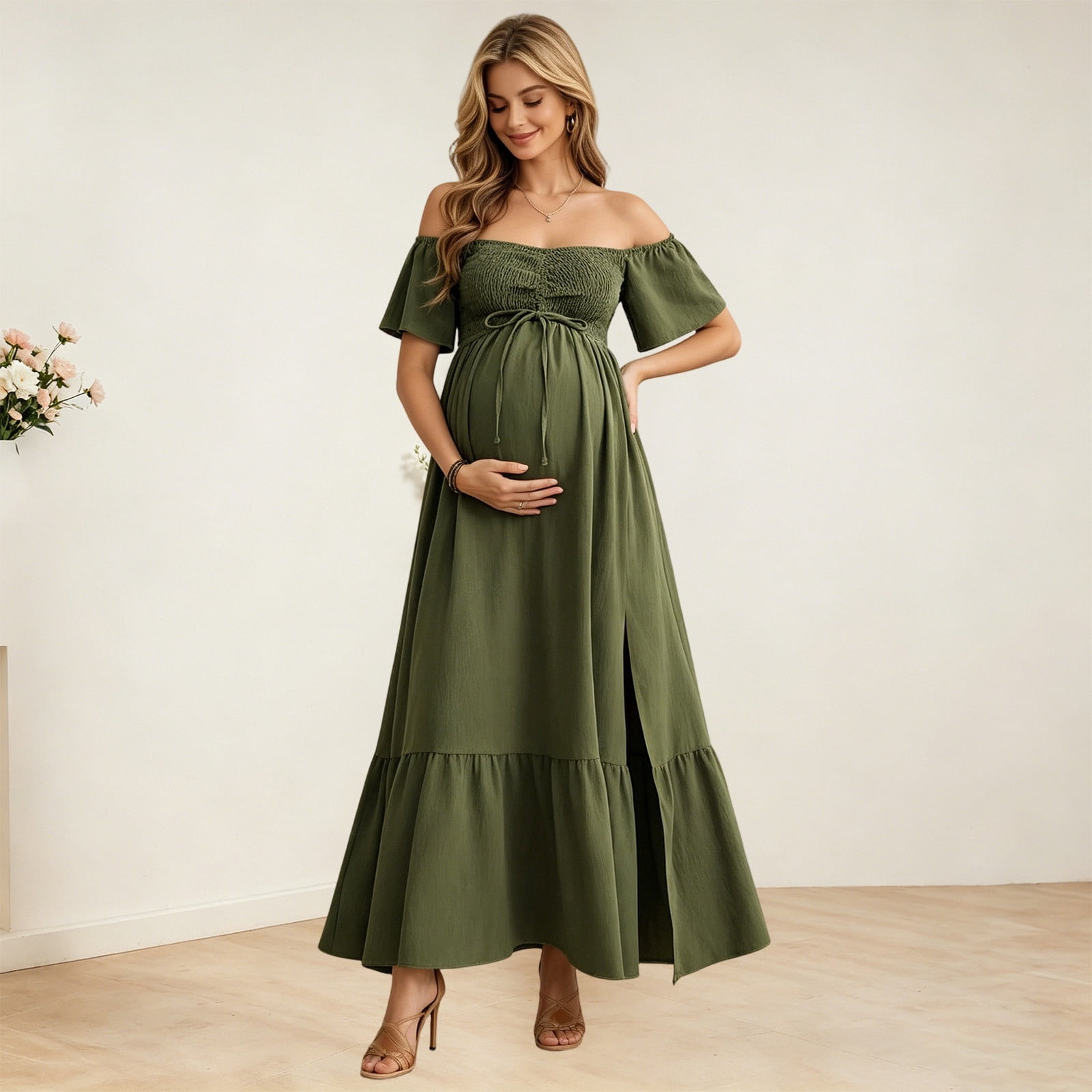 a line dress for pregnancy Noric Women Maternity Off Shoulder Short Sleeve Side Slit Ruffle Hem Flowy Maxi Dresses gold dress SHEIN Clasi Elegant Lace Size:Small/Medium Bodycon fit