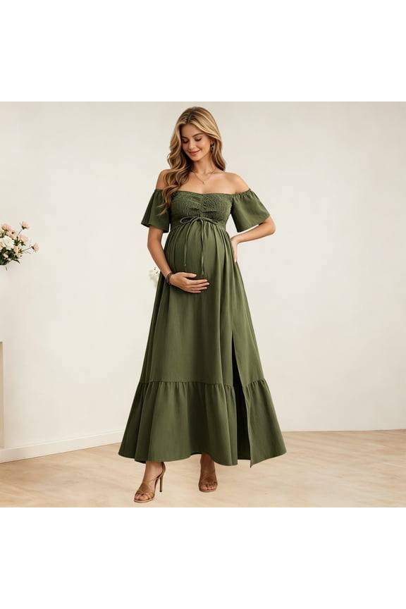 Women Maternity Dress Off Shoulder Short Sleeve Side Slit Ruffle Hem Flowy A Line Pregnancy Maxi Dresses