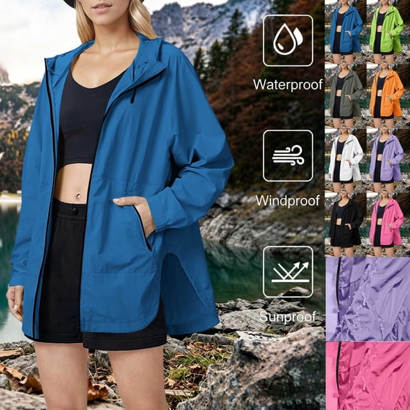 Noric Women Packable Hooded Rain Jacket Zip Up Long Sleeve Windbreaker, Waterproof Sunproof Pocket Lightweight Outdoor Hiking Travel Outerwear