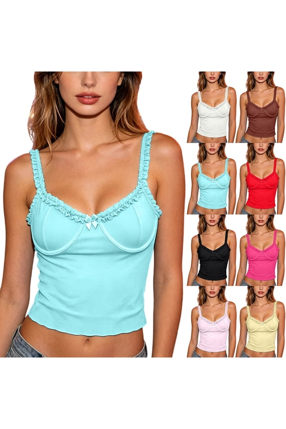 Women Ruffle Trim Cami Tops Underwire Support Bow Detail Spaghetti Strap Tank Shirts, Cropped Slim Fit Layering Blouses for Summer Party Beach Vacation
