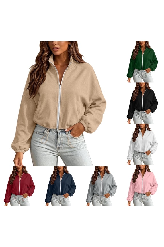 Women Stand Collar Zip Up Cropped Sweatshirt Jacket Drawstring Hem Elastic Cuff Long Sleeve with Pockets Loose Fit Casual Lightweight Outerwear