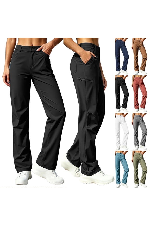 Women Straight Leg Hiking Pants Button Zipper Mid Rise Outdoor Trousers with Pockets Breathable Lightweight for Trekking Climbing Travel Daily