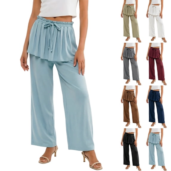 Noric Women Straight Leg Peplum Pants with Pockets High Waisted Drawstring Casual Summer Flowy Palazzo Pants Loose Fit
