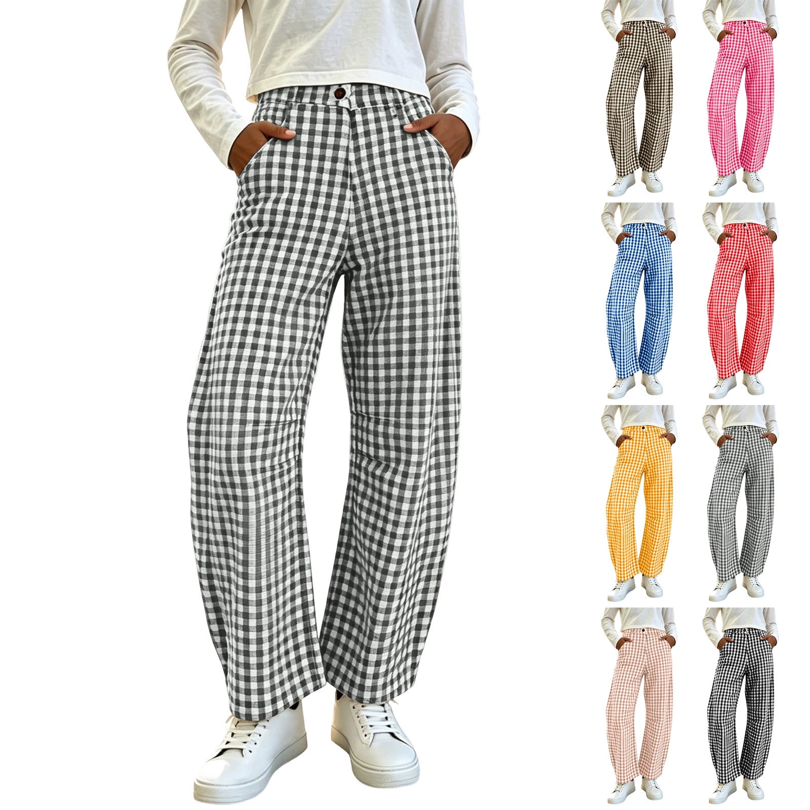 Noric Women Summer Casual Checked Pants High Waisted Elastic Waist