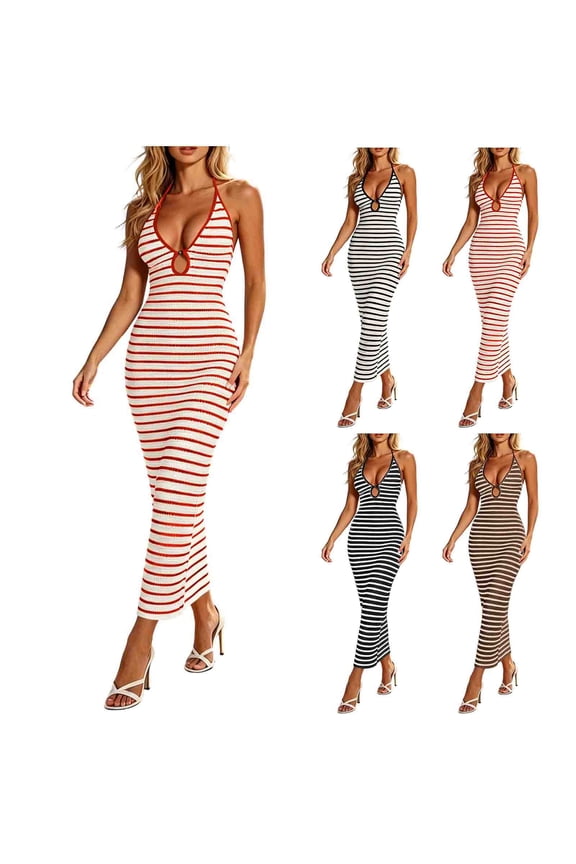 Women Summer Dress Halter Neck Striped Sleeveless V Neck Cutout Backless Bodycon Vacation Party Evening Slip Dresses