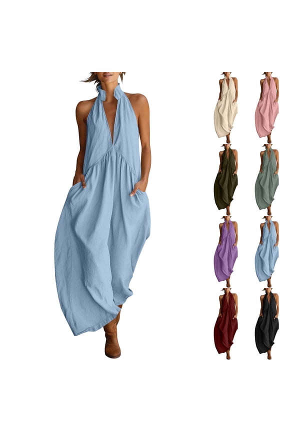 Women Summer Maxi Dresses Halter Neck Cotton Linen Backless Sleeveless Casual Flowy for Vacation Wedding Guest