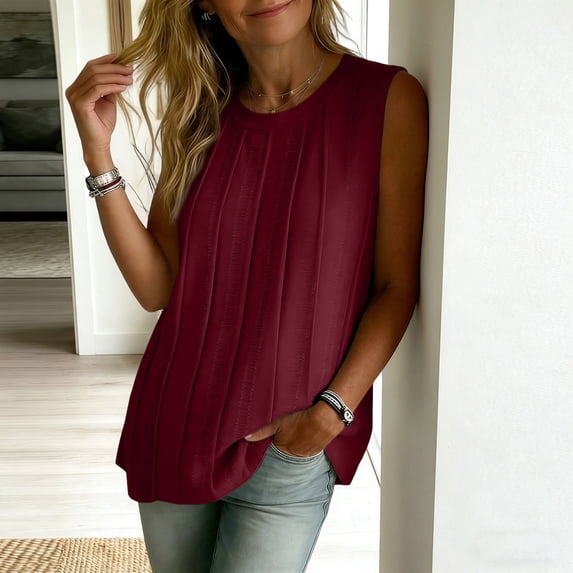 Noric Women Tank Tops Crew Neck Spring Summer Casual Smocked Chic Loose with Pleated Mesh Fashion Clothes