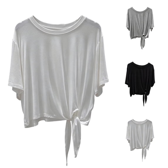 Noric Women Tie Front Modal T-Shirt Crew Neck Knotted Loose Fit Short Sleeve Casual Lightweight Flowy Tops