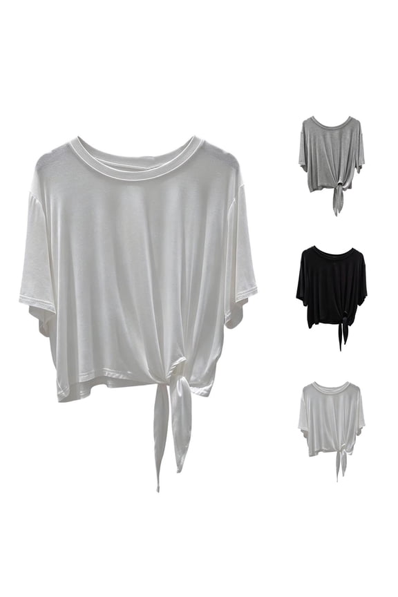 Women Tie Front Modal T-Shirt Crew Neck Knotted Loose Fit Short Sleeve Casual Lightweight Flowy Tops