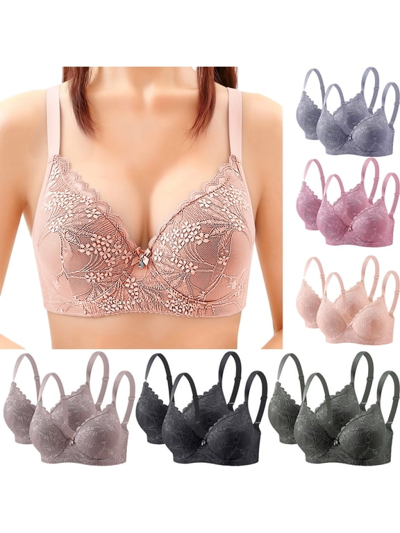 Women's 2 Pack Floral Lace Underwire Bra Bow Front Decor Adjustable Wide Straps Side Support Lift Shaping Comfort Bustier