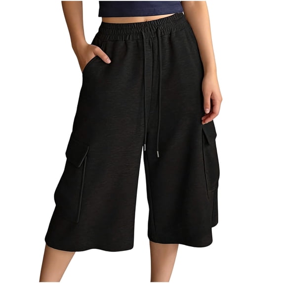 Noric Women's Athletic Wide Leg Capri Pants with Drawstring Waist Side Pockets Casual Sweatpants Running Workout Pants