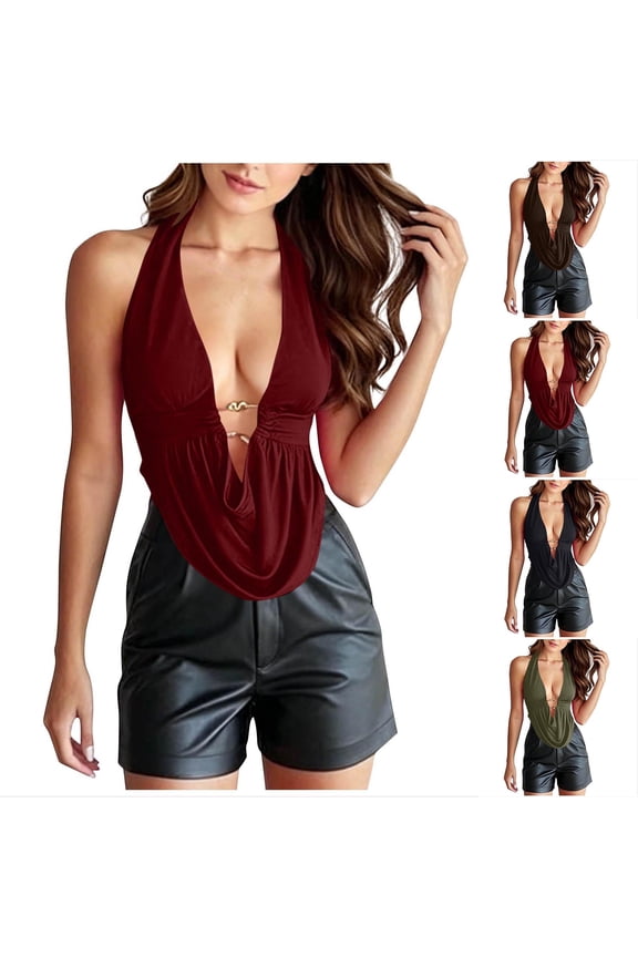 Women's Backless Tank Topss Deep V Neck Halter Ruched Sleeveless Tops Trendy Spring Summer Casual Blouse