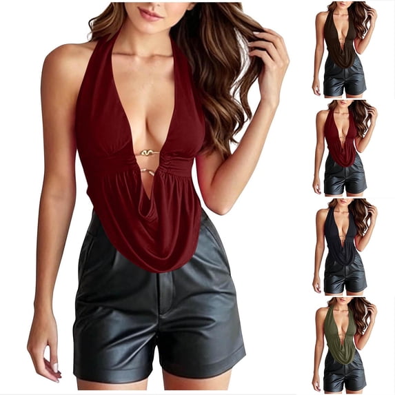 Noric Women's Backless Tank Topss Deep V Neck Halter Ruched Sleeveless Tops Trendy Spring Summer Casual Blouse
