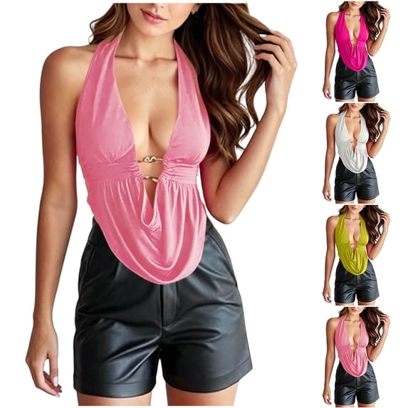 Noric Women's Backless Tank Topss Deep V Neck Halter Ruched Sleeveless Tops Trendy Spring Summer Casual Blouse