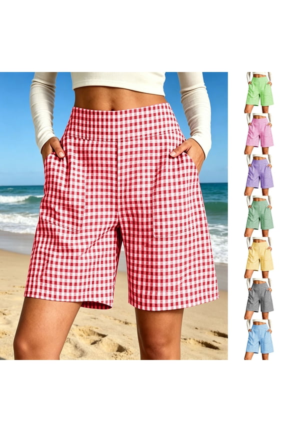 Women's Bermuda Shorts High Waisted Casual Plaid Loose Fit Summer Beach Vacation Shorts with Pockets