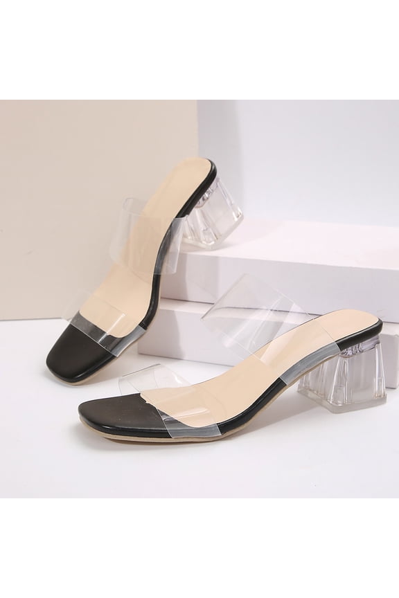 Women's Block Heel Slide Sandals Clear Strap Square Toe Open Toe Slip On Chic Summer Beach Party Wedding Mules