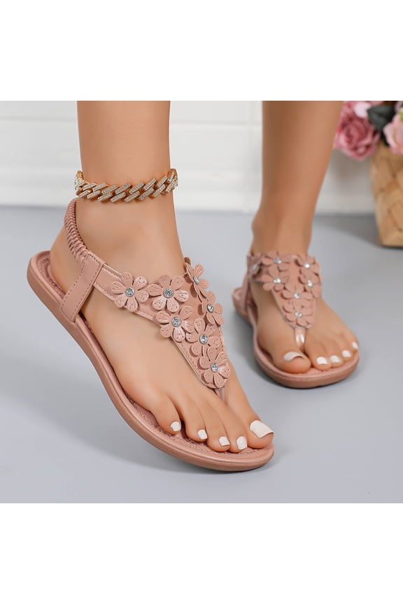 Women's Boho Sandals Flower Decorated Toe Post Flat Sandals Elastic Ankle Strap Summer Beach Casual Flip Flops