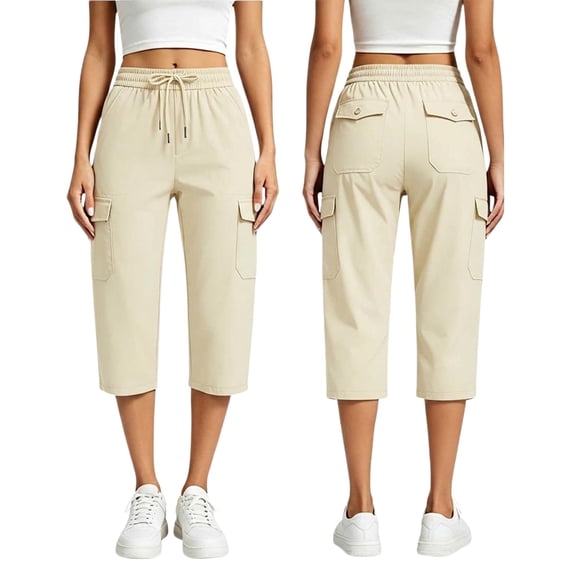 Noric Women's Cargo Capri Pants with Pockets Elastic Waistband Relaxed Fit Straight Leg Casual Summer Trouses
