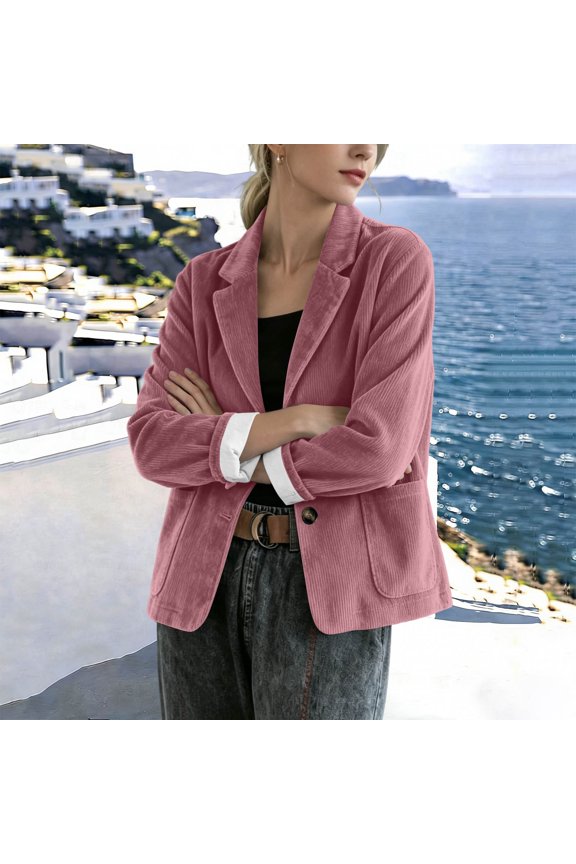 Women's Casual Blazer Jacket Notched Lapel Long Sleeve with Padded Shoulders Business Office Corduroy Blazer