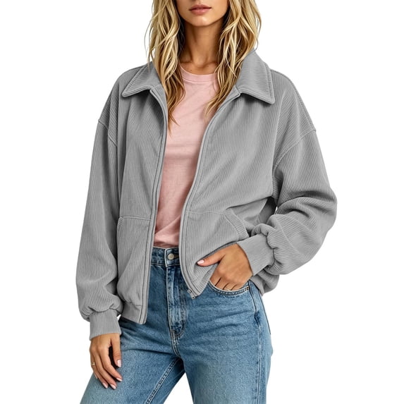 Noric Women's Corduroy Zip Up Jacket Lapel Collar Long Sleeve Casual with Pockets Loose Fit Outerwear for Fall Winter