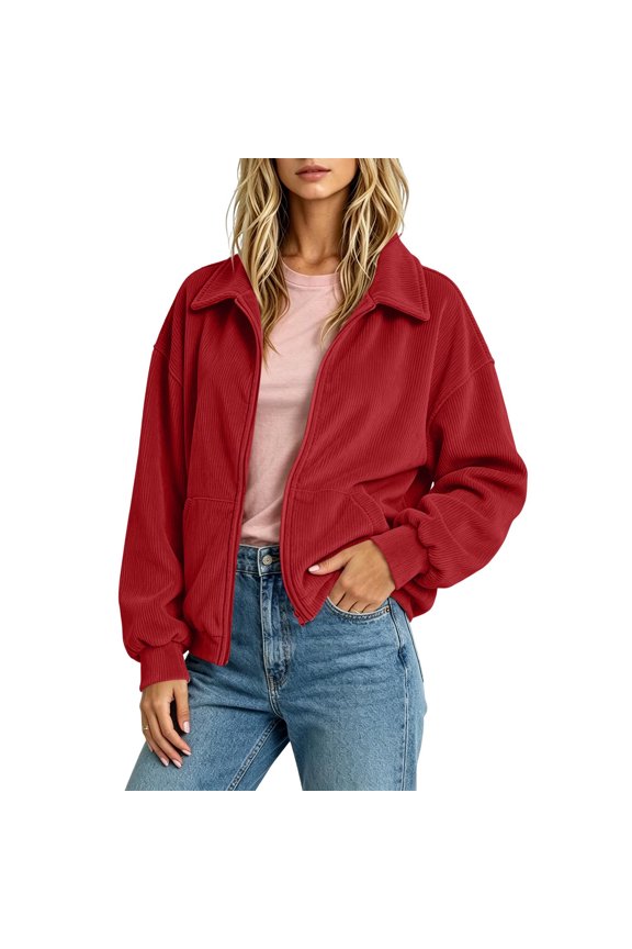 Women's Corduroy Zip Up Jacket Lapel Collar Long Sleeve Casual with Pockets Loose Fit Outerwear for Fall Winter