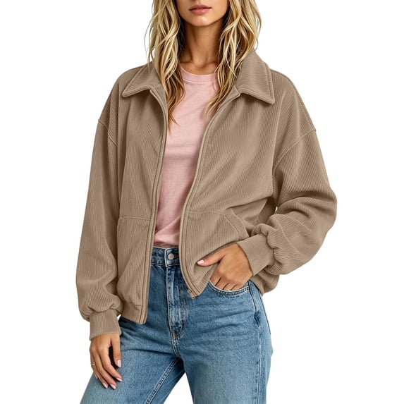 Noric Women's Corduroy Zip Up Jacket Lapel Collar Long Sleeve Casual with Pockets Loose Fit Outerwear for Fall Winter