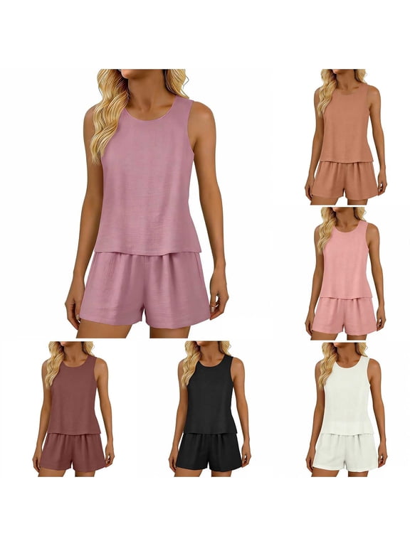 Women's Cotton 2 Piece Outfits Sets Summer Outfits Casual Sets Breathable Tank Tops Shorts with Pocket