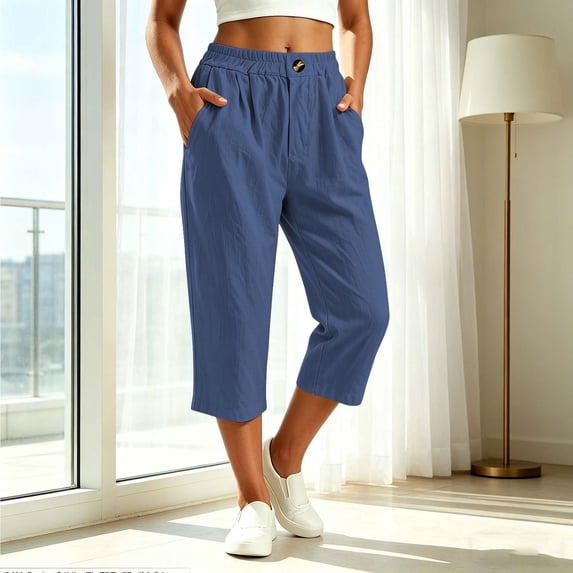 Noric Women's Cotton Capri Pants with Pockets Loose Fit Casual Elastic Waist Summer Beach Vacation Pants