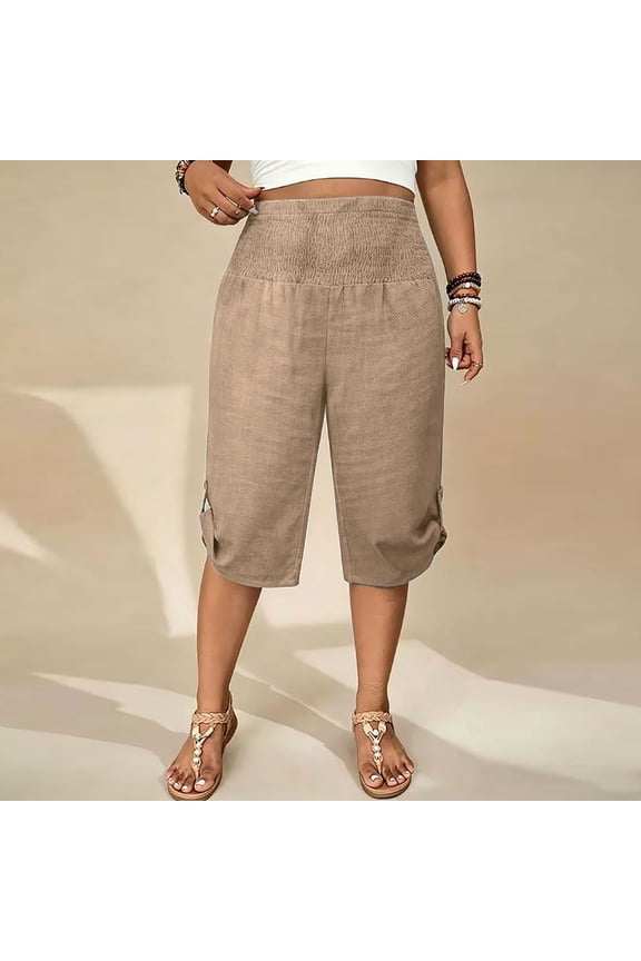 Women's Cotton Casual Capri Pants Smocked Waist Loose Fit Wide Leg Baggy Cropped Trousers for Summer