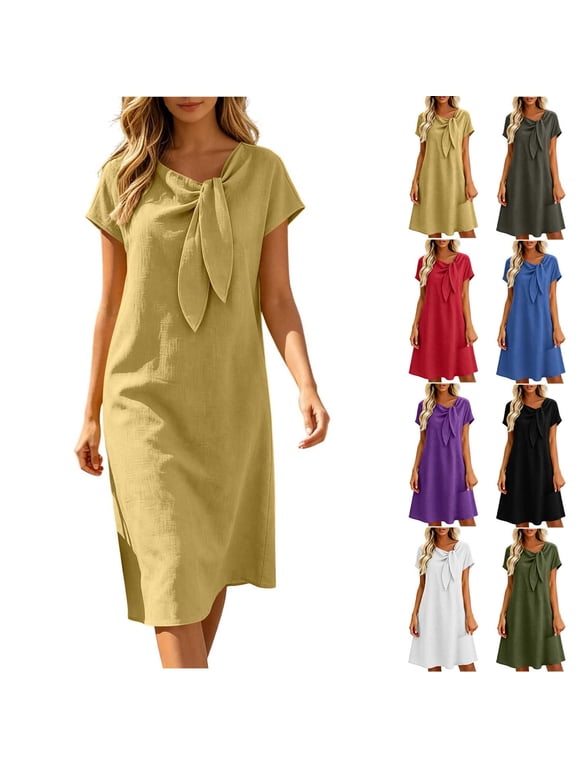 Women's Cotton Linen Midi Dresses Casual Short Sleeve Knotted Front A-Line Dresses with Back Zipper