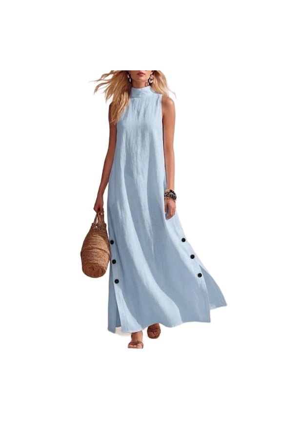 Women's Cotton Linen Sleeveless Maxi Dresses Loose Fit Side Slit Button Down Beach Dresses for Summer Vacation Trendy 2026