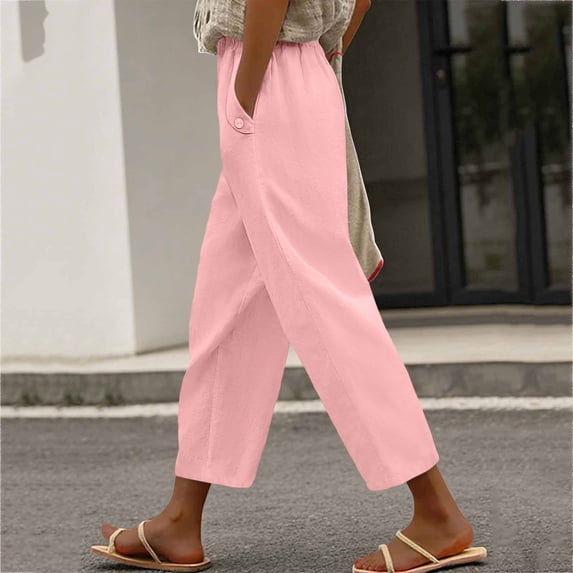 Noric Women's Cotton Linen Summer Capri Pants Elastic Waist Casual Loose Fit with Pockets Straight Leg Lounge Pants