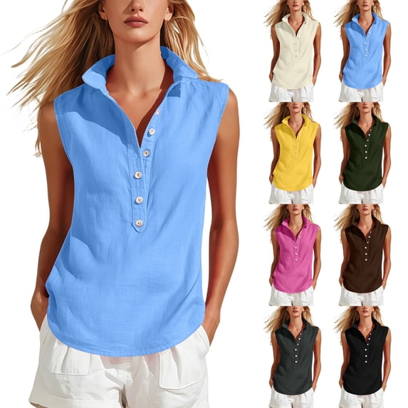 Noric Women's Cotton Linen Tank Tops Collared Button Up Casual Summer Loose Fit Sleeveless Tops