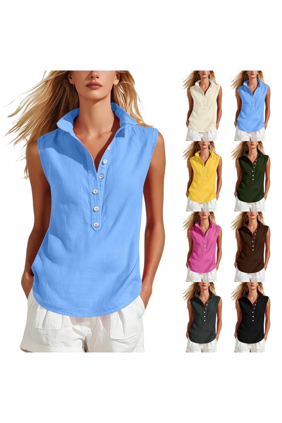 Women's Cotton Linen Tank Tops Collared Button Up Casual Summer Loose Fit Sleeveless Tops