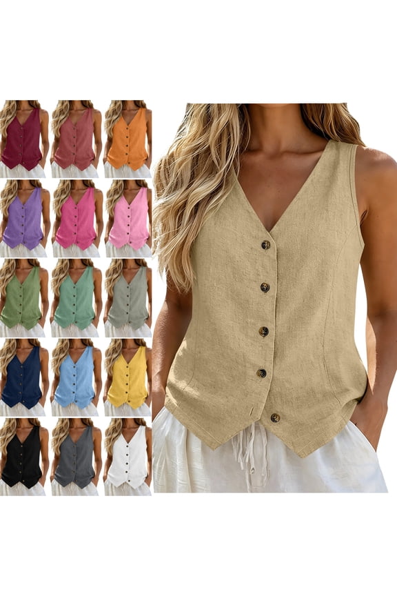 Women's Cotton Linen Vest Button Down Casual Breathable Sleeveless Shirt Spring Summer Vacation Wear Tank Topss