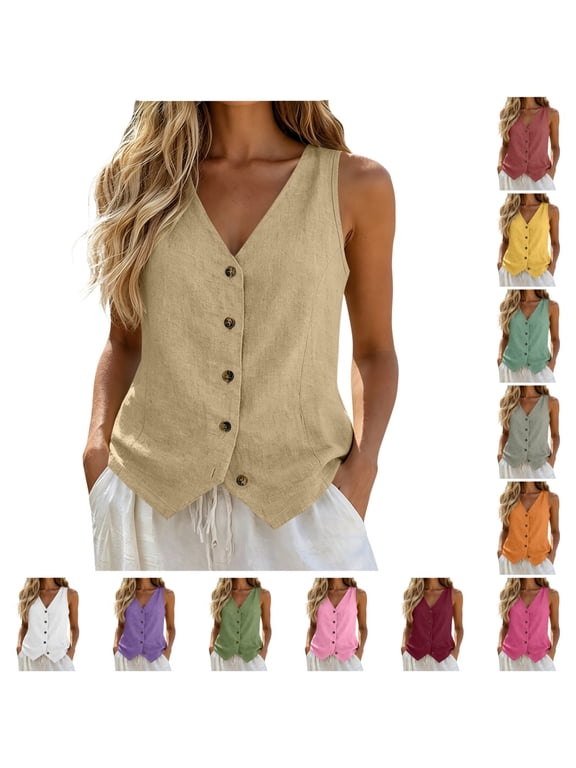 Women's Cotton Linen Vest Button Down Casual Breathable Sleeveless Shirt Spring Summer Vacation Wear Tank Topss